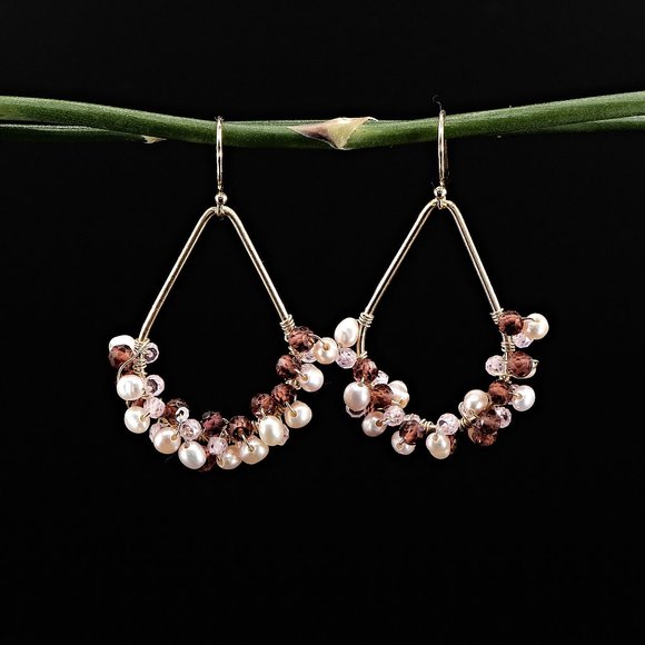 Tiny Pearl & Garnet Hoop Earrings, 14K Gold Filled Teardrop Hoops - Picture 9 of 11